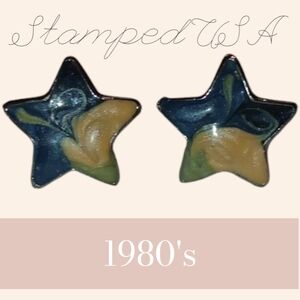 Vintage Cloisonne Shimmering Star Earrings Blue and Beige Made In The USA